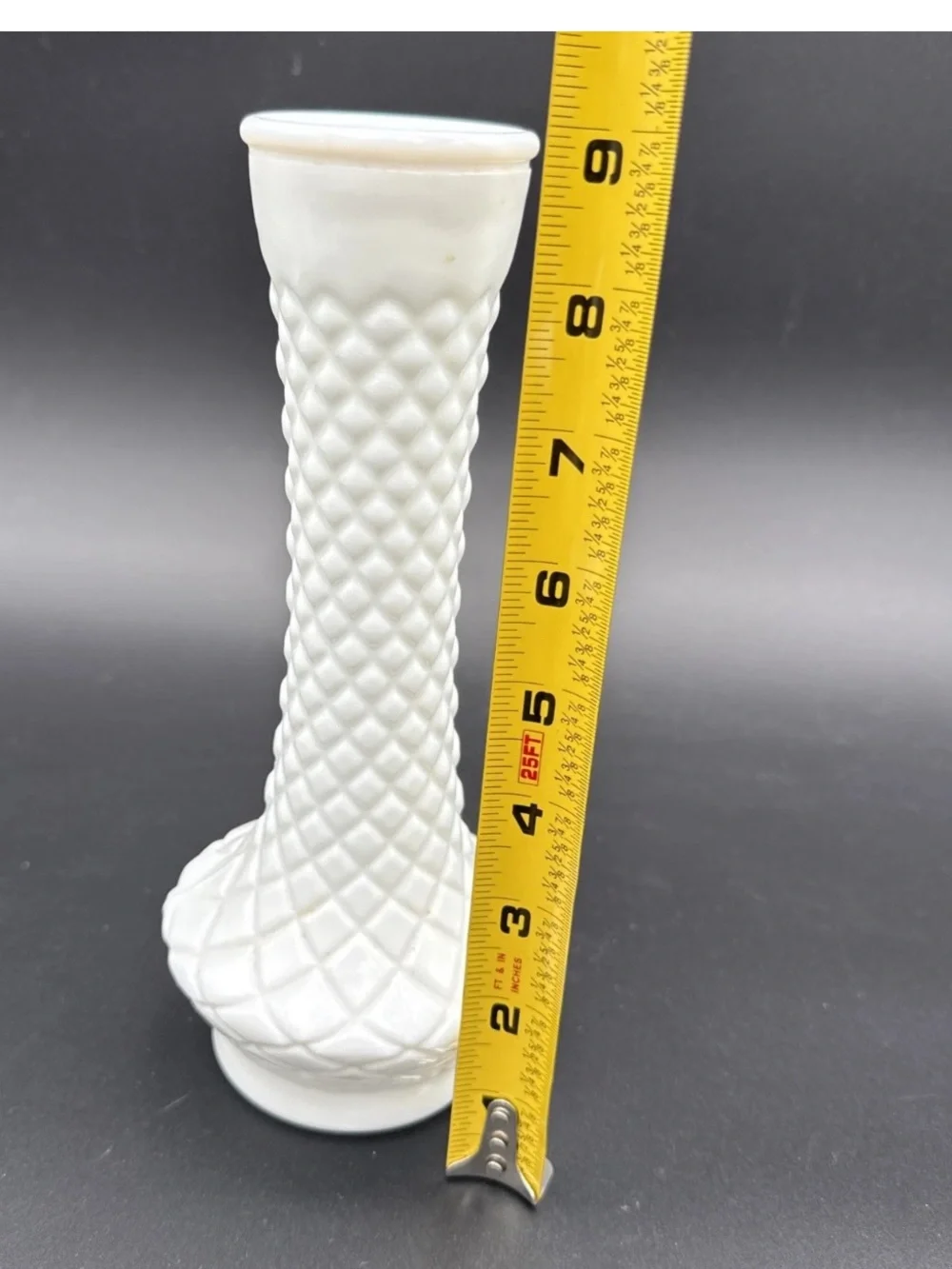 Vintage Milk Glass Pedestal Vase: 9" Diamond Pattern Bud Vase - Picture 4 of 4
